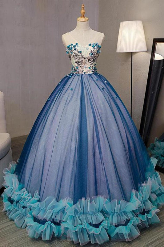 Ball Gown V Neck Sleeveless Appliqued Tulle Prom Dress Hot Quinceanera STCP46YC47P