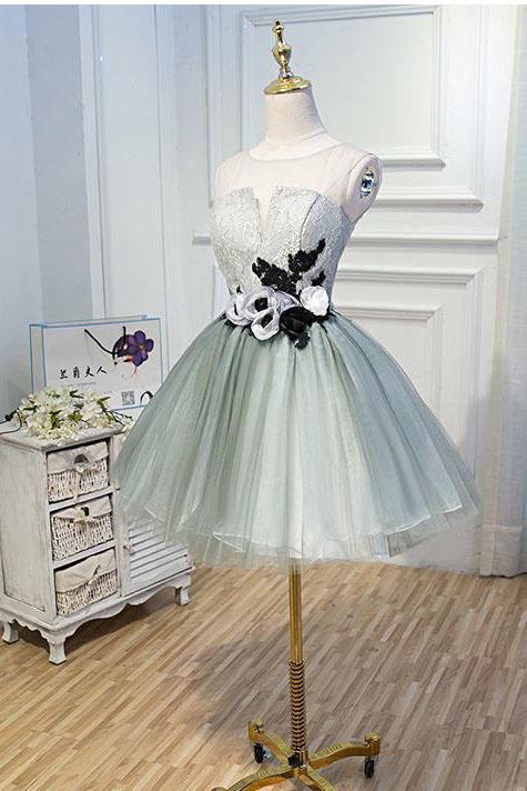 Luxury Waist Flowers See Through Backside Lolita Dress, Short Tulle Homecoming Dresses STC14980