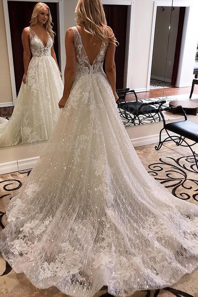 Luxurious Ball Gown V Neck Open Back Ivory Lace Wedding Dresses,Sequins Beach Bridal Dresses STC15259