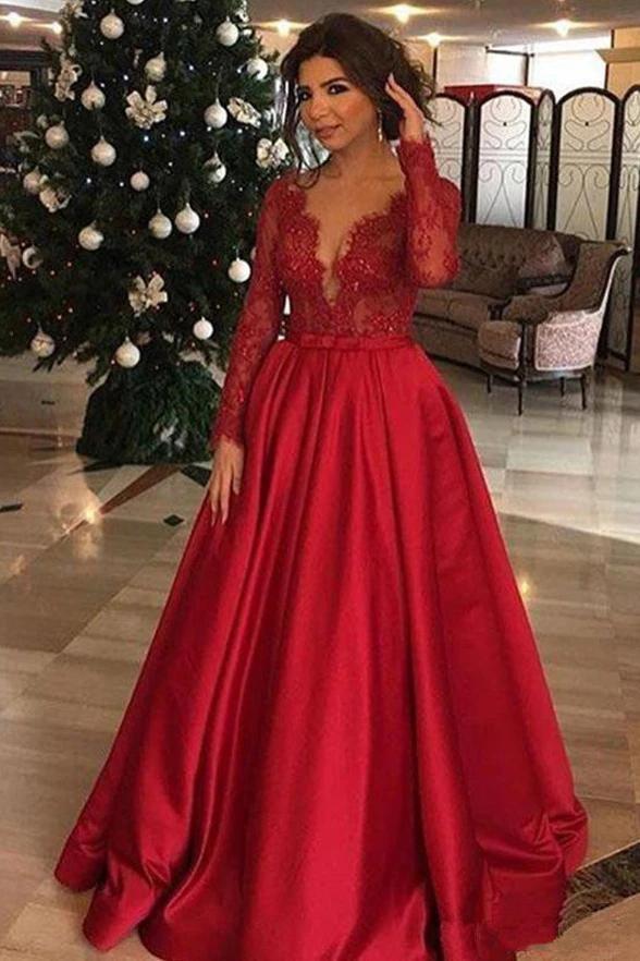 Elegant Long Sleeve Red Lace Beads Long Prom Dresses, A Line Satin Evening Dresses STC15174