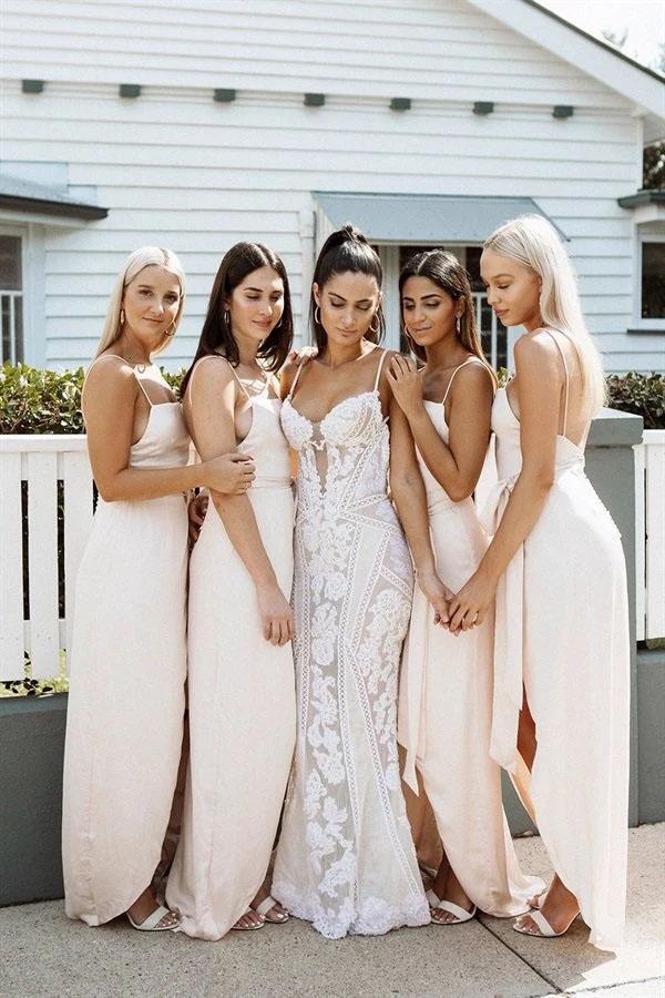 A Line Chiffon Spaghetti Straps Blush Pink Bridesmaid Dresses with Split, Long Prom Dress STC15486