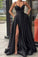 Black Spaghetti Straps Split Long Satin Prom Dress A Line Simple Long Formal STCP5G4JRHJ