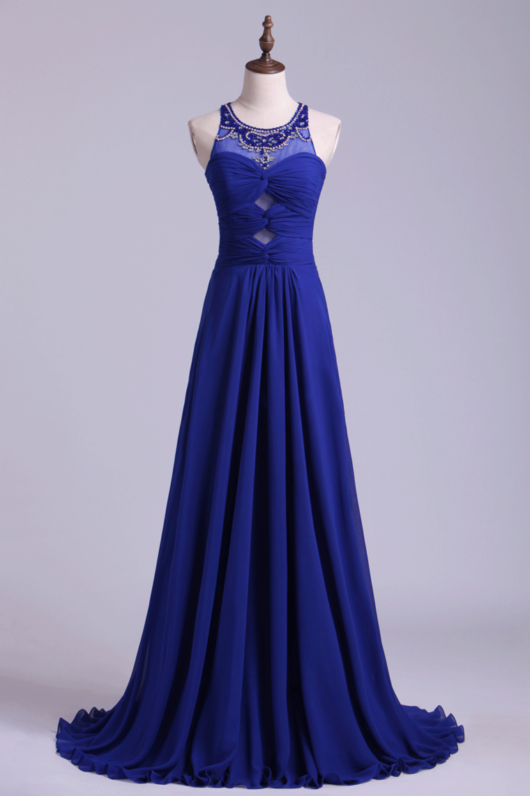2024 Unique Dark Royal Blue Prom Dress Scoop A Line Chiffon With