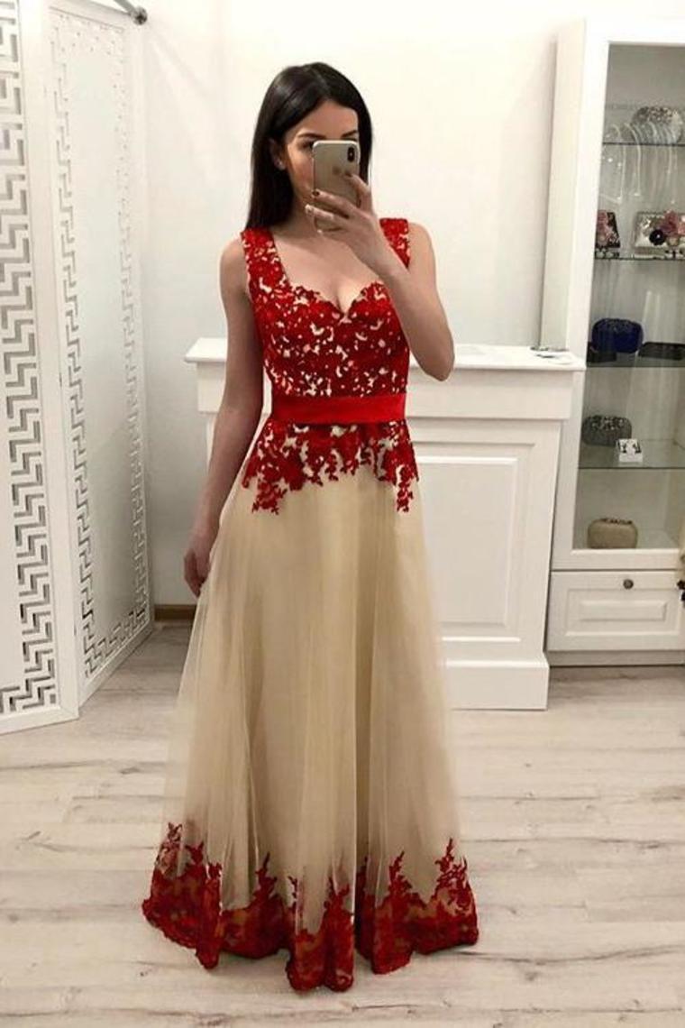 2021 Tulle A-Line Straps Prom Dresses WIth Appliques