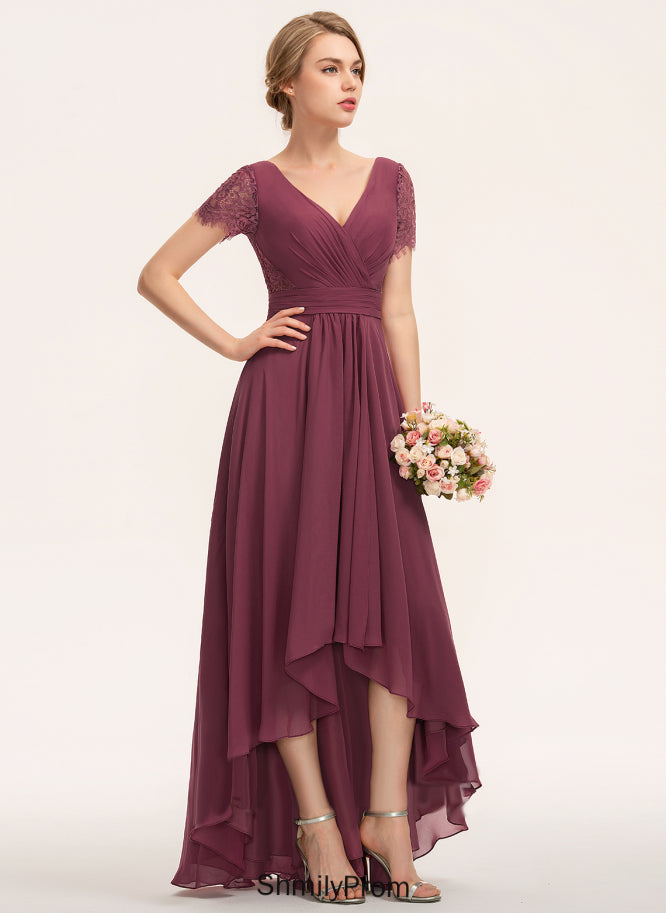 Pleated Silhouette V-neck Neckline A-Line Embellishment Asymmetrical Length Fabric Ginny Short Sleeves Floor Length Bridesmaid Dresses