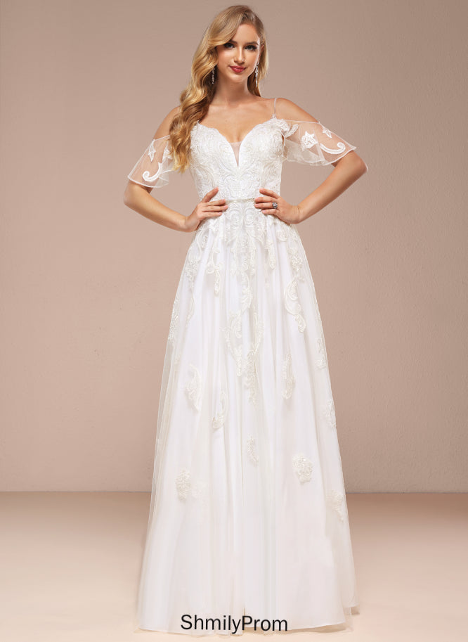 Poll Shoulder Dress With Floor-Length Tulle Wedding Dresses Sequins A-Line Lace Cold Beading Wedding