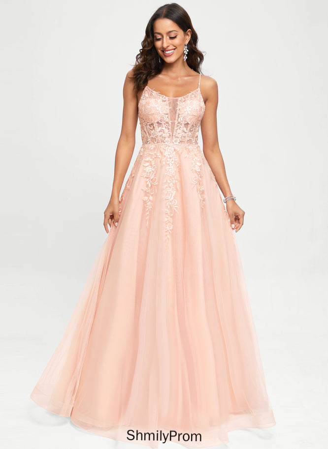 Aiyana A-Line Tulle Prom Dresses Floor-Length Sequins With Scoop Lace