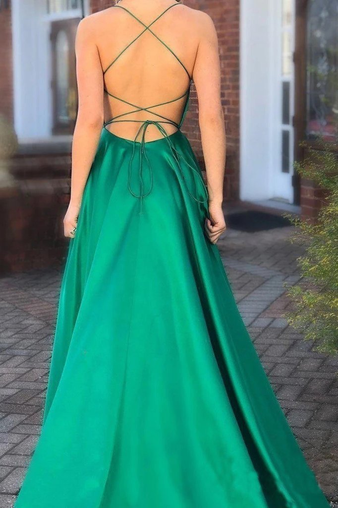 Elegant A Line Green Lace up Prom Dresses with Pockets Slit Formal Evening STC15634