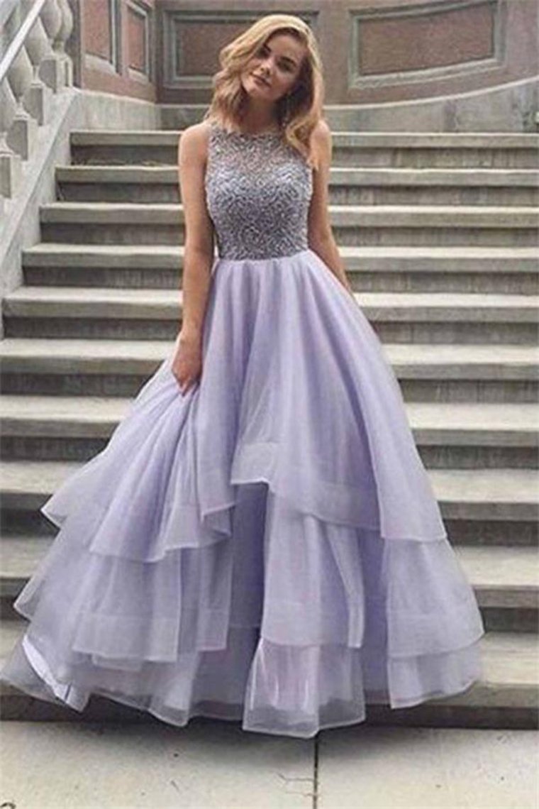 Floor Length Long Beading Tulle Open Back Prom Dresses Princess