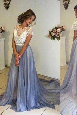Pd61129 Charming Chiffon Short Sleeves Scoop A-Line Blue Backless Evening