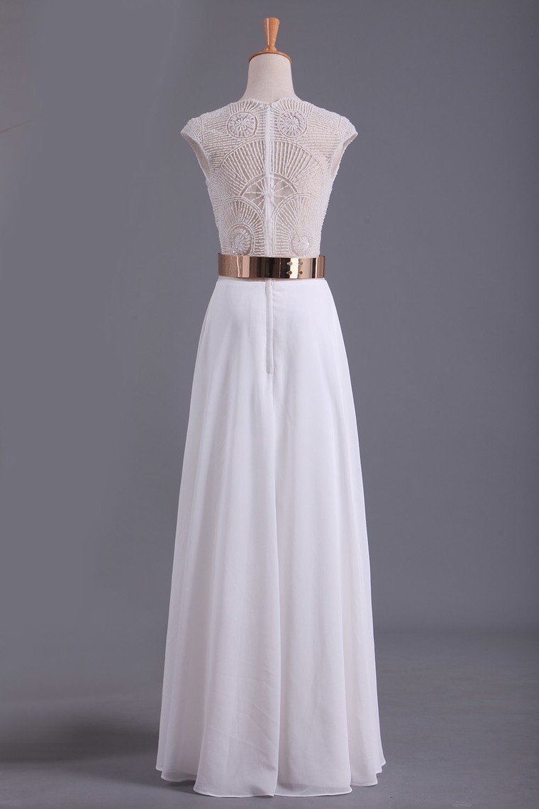 2024 White V Neck Beaded Bodice Prom Dresses A Line Chiffon With Sash And