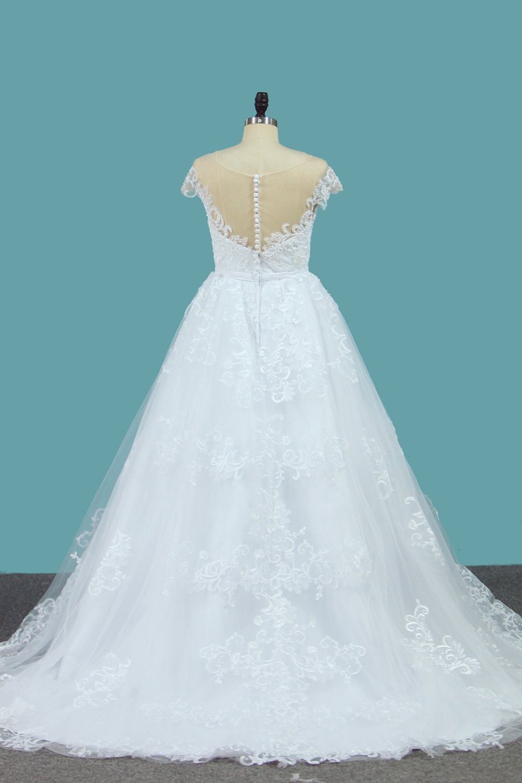 2024 A Line Lace Cap Sleeve Scoop Wedding Dresses With Beads Court