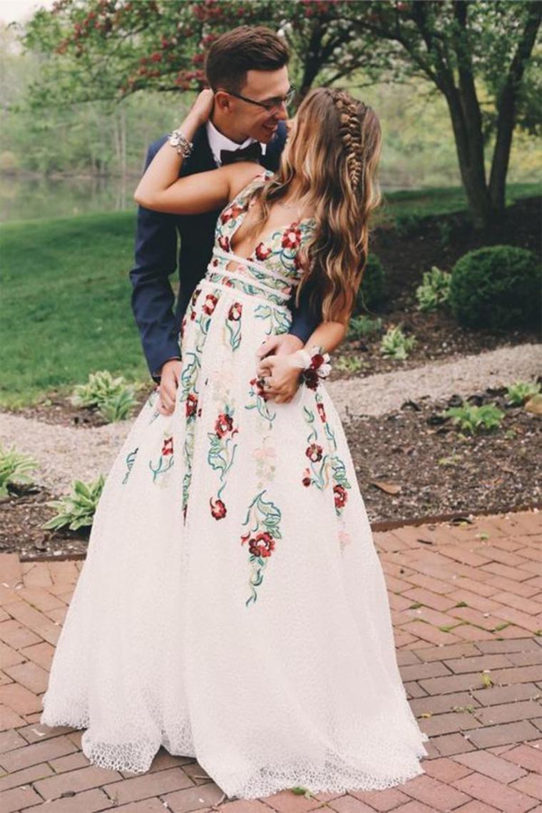 A Line V Neck Ivory Lace Prom Dresses With Embroidery, Printed Evening Dresses
