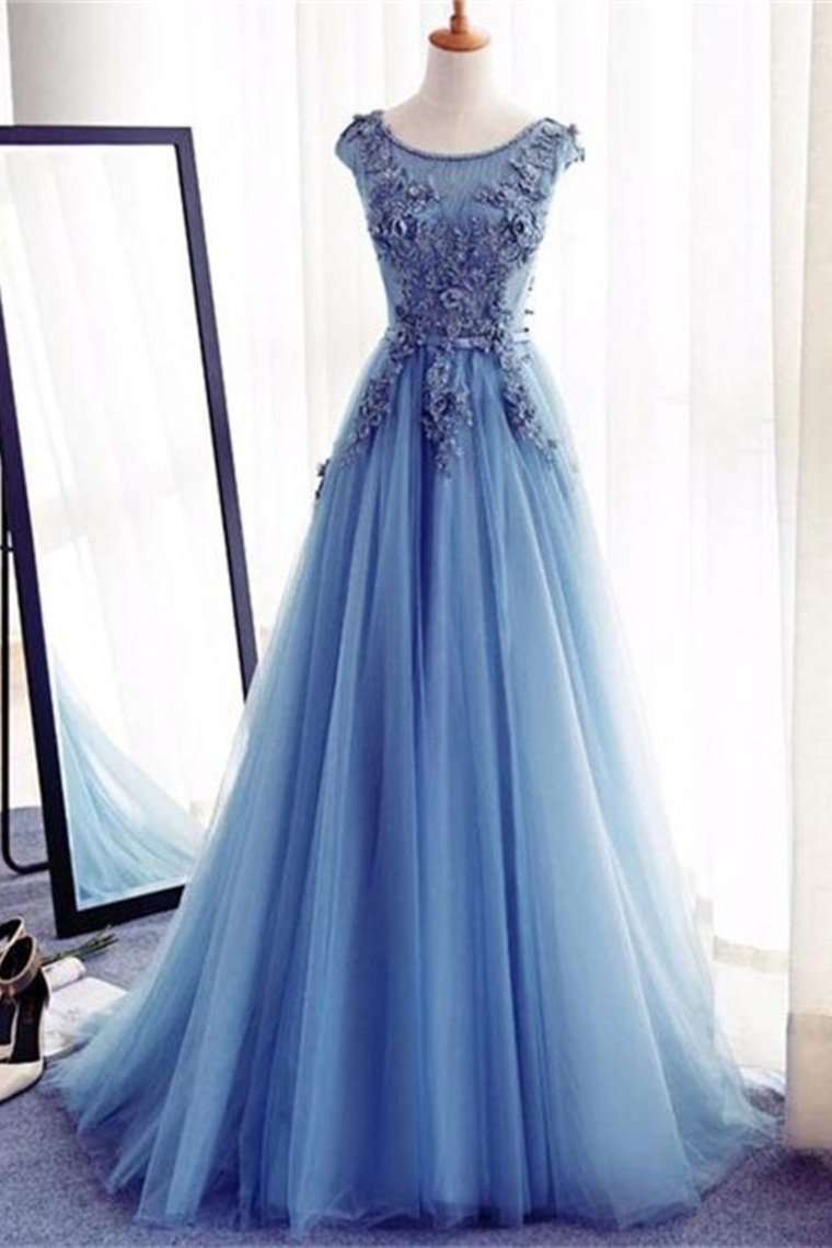 Charming Blue Long Lace Tulle Open Back Lace Up Princess Prom