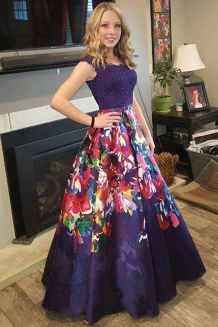 Elegant A Line Floral Satin Purple Prom Dresses with Lace, Long Dance Dresses STC15576