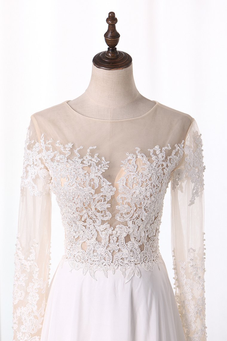 2024 Bateau Wedding Dresses Long Sleeves A Line Chiffon With Applique And