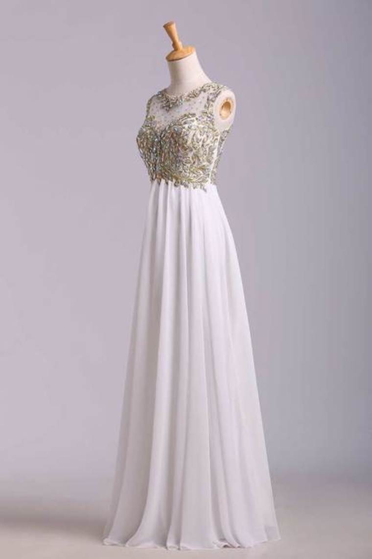 Scoop Neckline Off The Shoulder Prom Dresses White Floor Length Chiffon With Gold