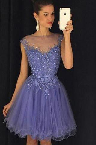 Stunning Bateau Cap Sleeves Short Lavender Homecoming Dress with Appliques Pearls