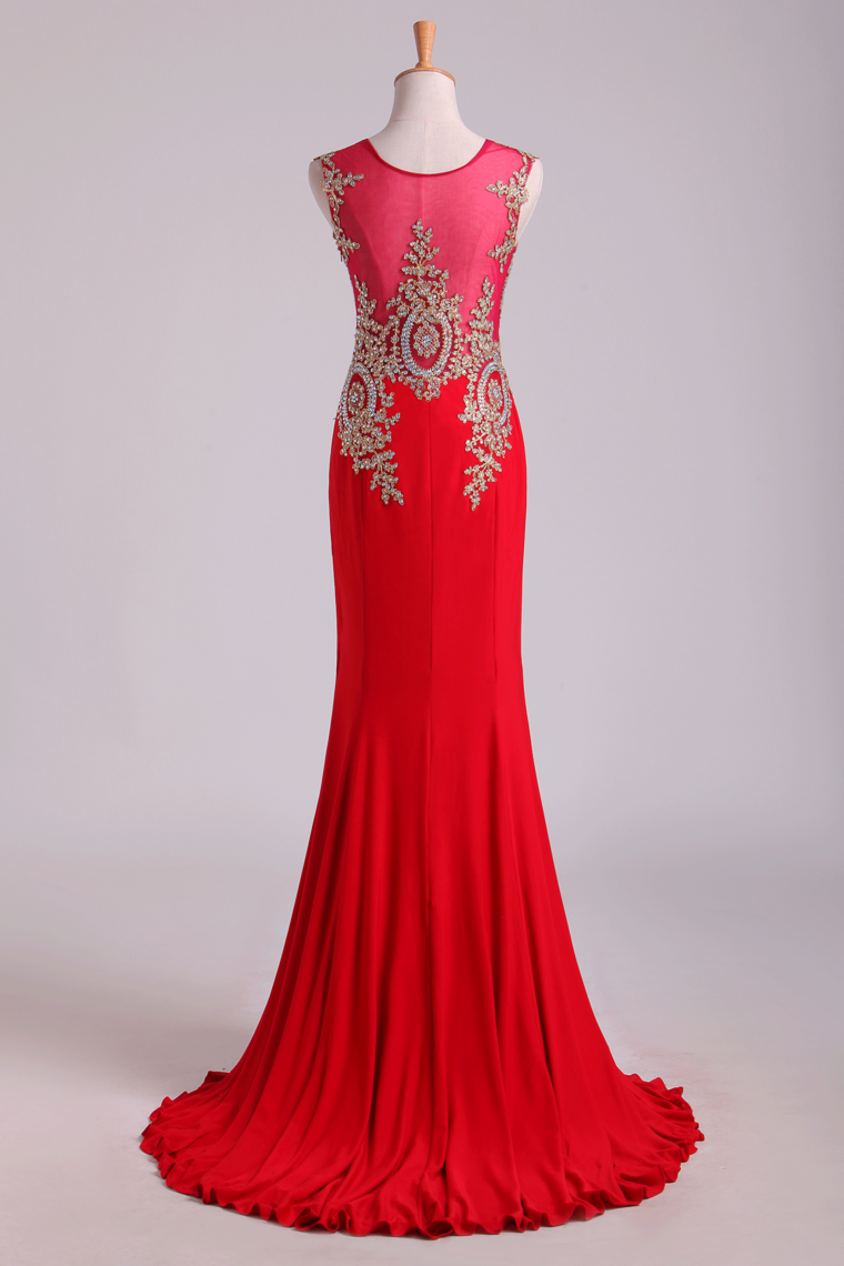 Red Prom Dresses Scoop Mermaid Sweep Spandex With Applique