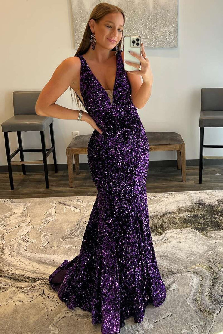 Charming Purple Deep V Neck Sequins Mermaid Long Prom Dresses