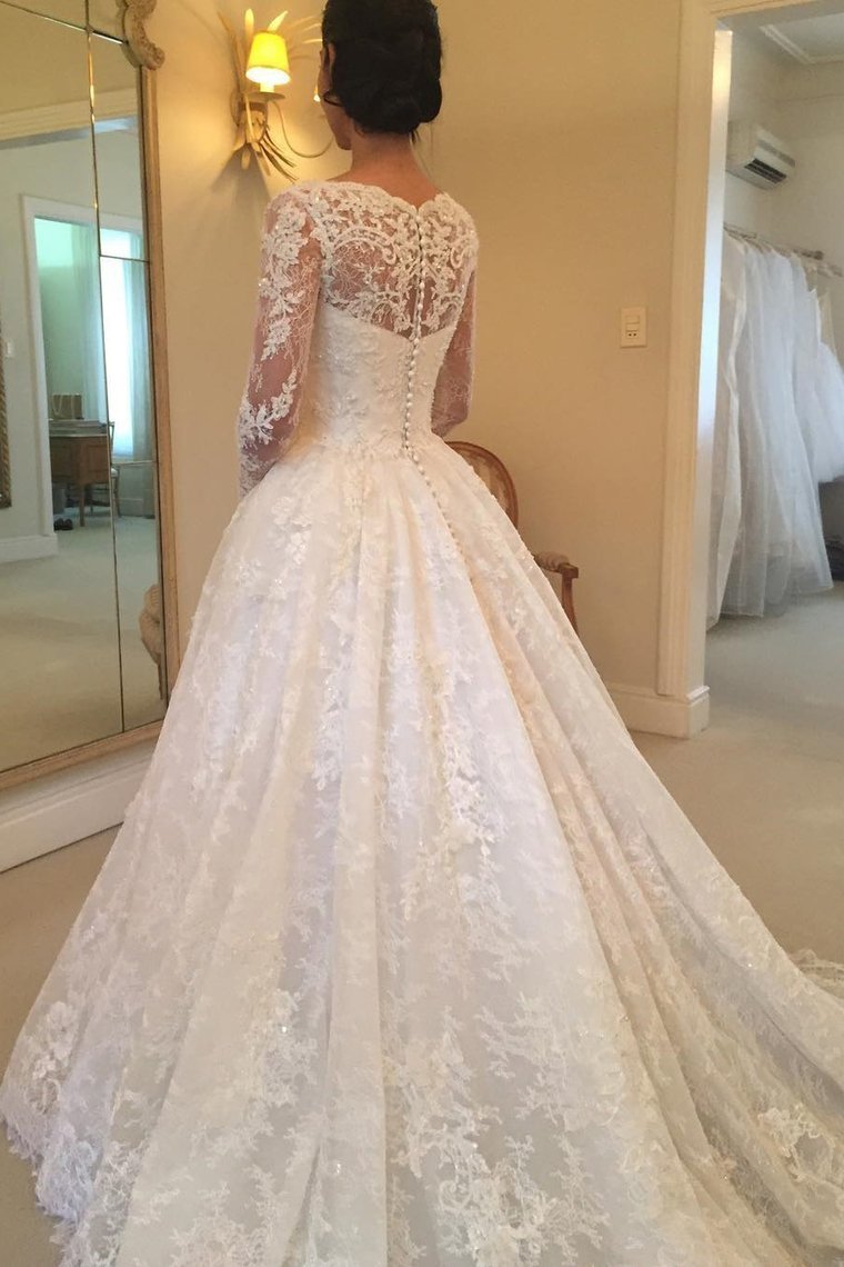 2024 Long Sleeves Scoop Tulle With Applique A Line Court Train Wedding