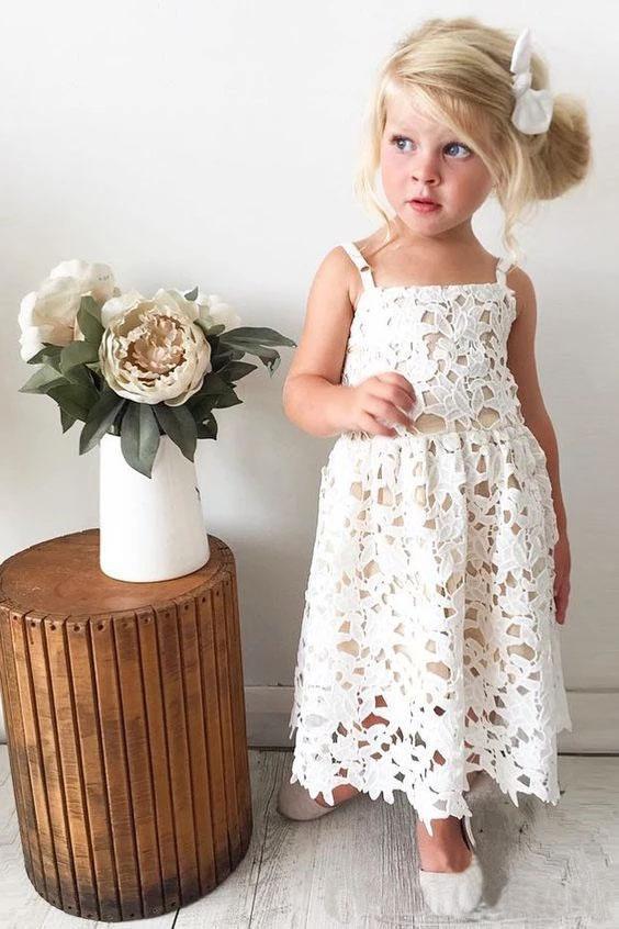 Cute Spaghetti Straps Lace Appliques Flower Girl Dresses, Child Dresses STC15137