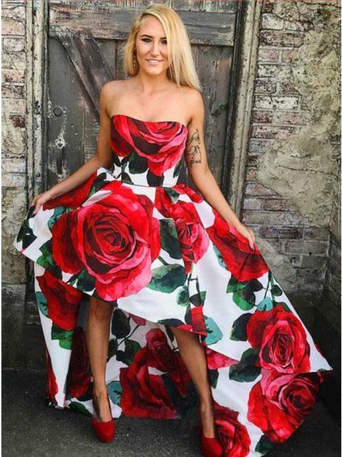 A Line Strapless High Low Red Rose Floral Satin Prom Dresses, Long Evening Dress STC15556