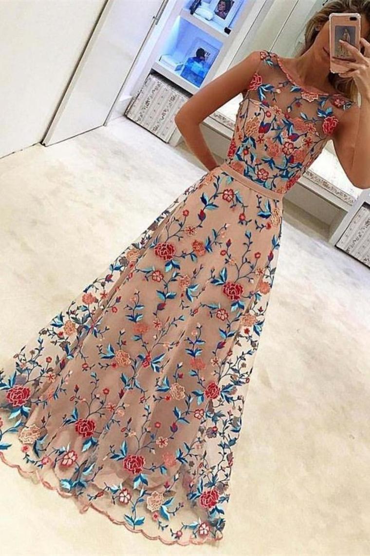 Gorgeous Long A-Line Scoop Neckline Embroidered Prom Dresses Evening