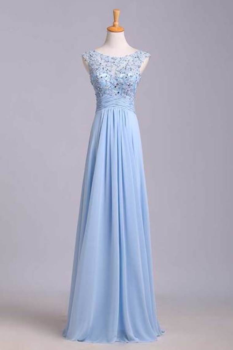 New Arrival Bateau Neckline Embellished Tulle Bodice With Beaded Applique Chiffon