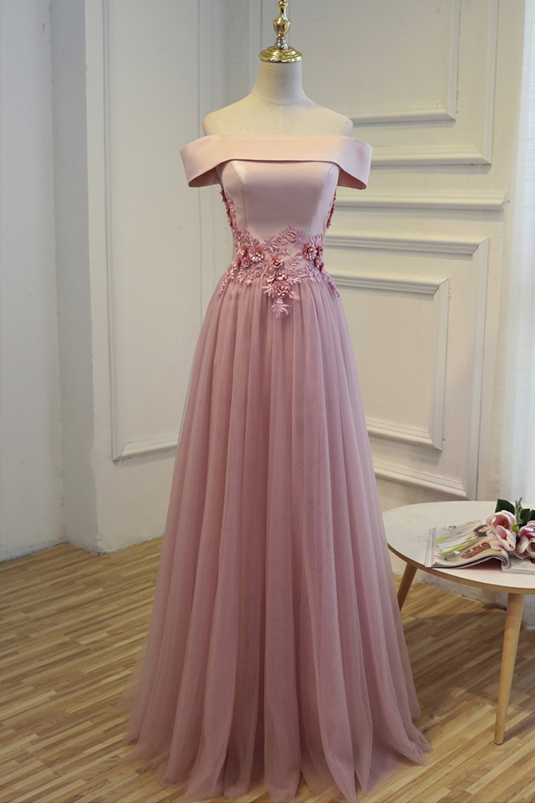 2024 Boat Neck Tulle With Applique Prom Dresses A Line Floor