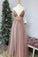 A Line Tulle V Neck Applqiues Prom Dresses With Slit, Spaghetti Straps Long Formal Dresses STC15037