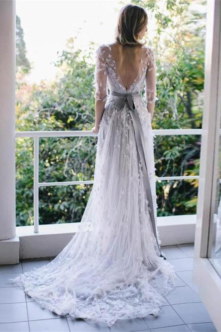 Pretty Long Open Back Half Sleeves Elegant Prom Dresses Wedding