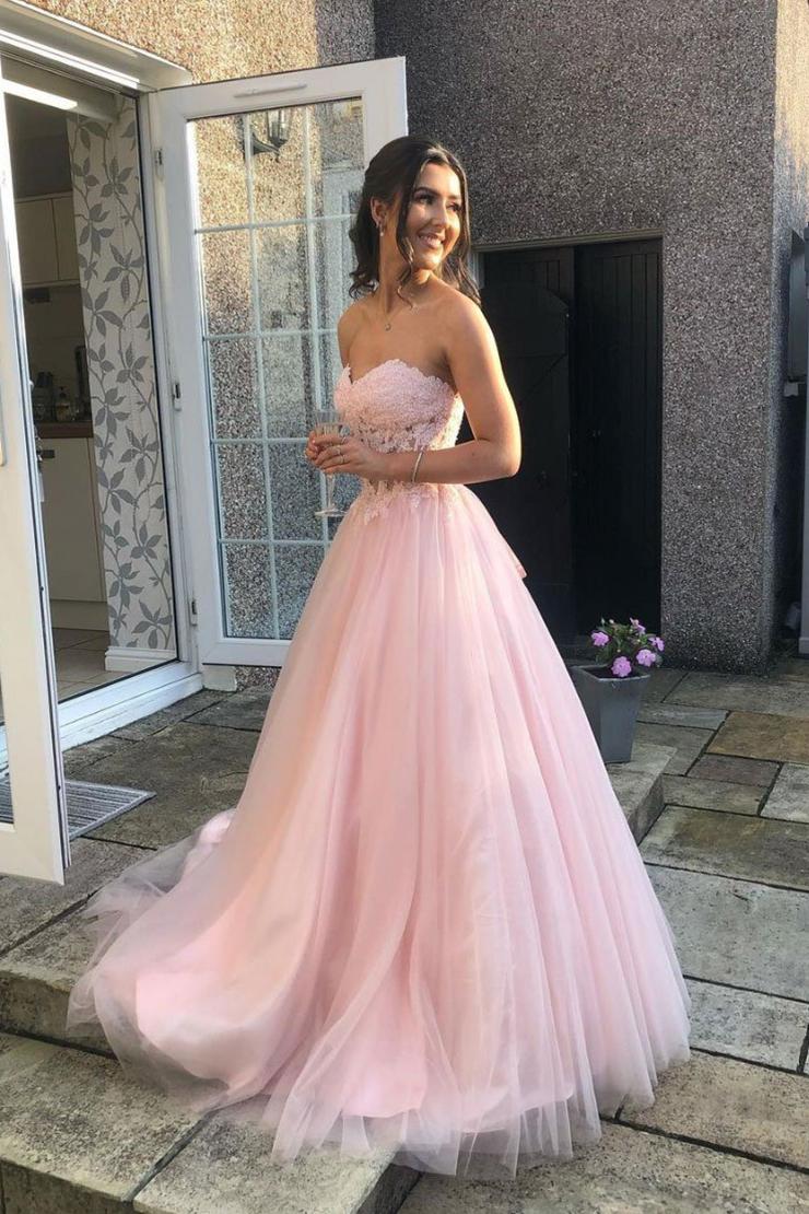Pink Sweetheart Sleeveless A Line Tulle Lace Prom Dresses