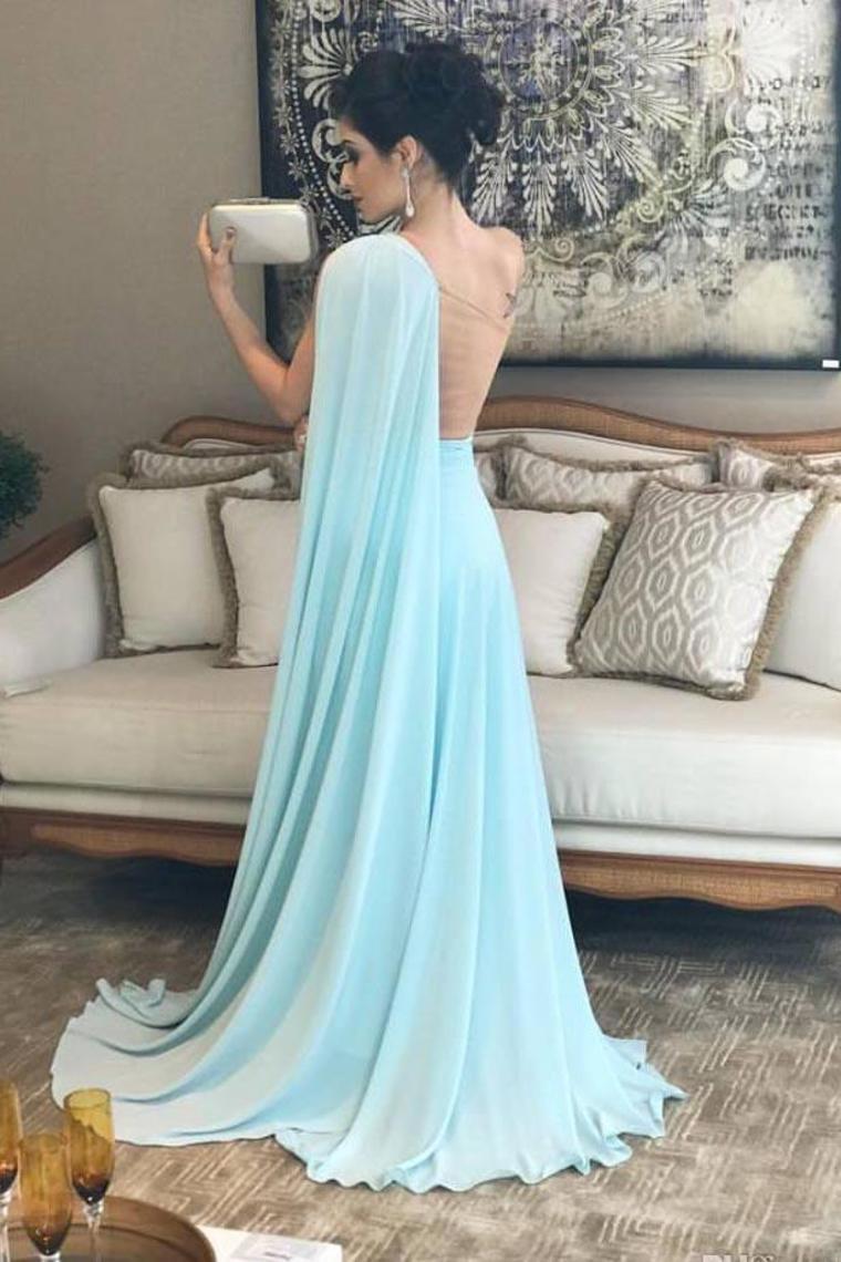 Charming One Shoulder Long Simple Cheap Chiffon Prom Dresses Evening