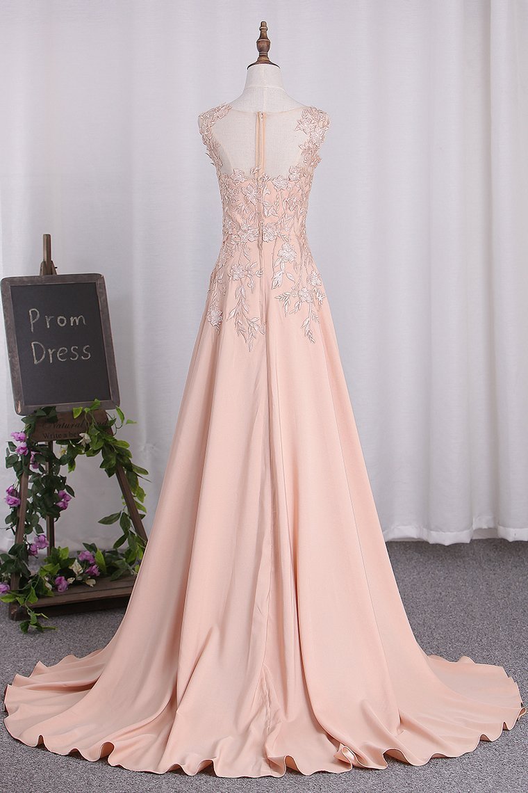 2024 A Line Elastic Satin Straps Prom Dresses With Slit Sweep