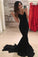 Mermaid V-Neck Criss-Cross Straps Spaghetti Straps Sweep Train Black Satin Prom Dresses
