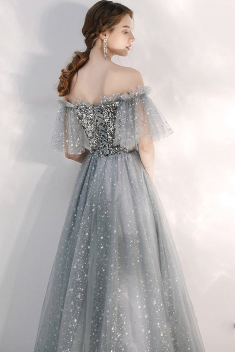 A-line Strapless Starlight Princess Grey Prom Dress Long Evening Dress
