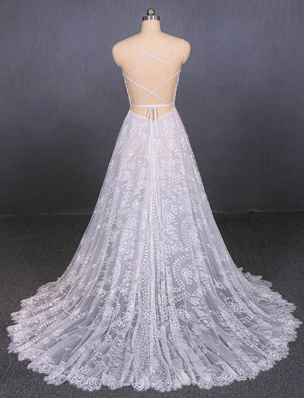 Spaghetti Straps V Neck Lace Off White Wedding Dresses with Criss Cross Bridal Dresses STC15422