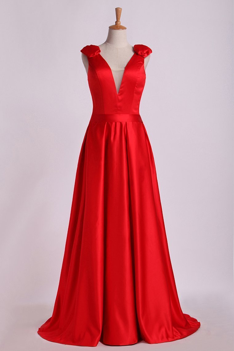 Evening Dress V-Neck Bubble Shoulder A-Line Satin Floor-Length