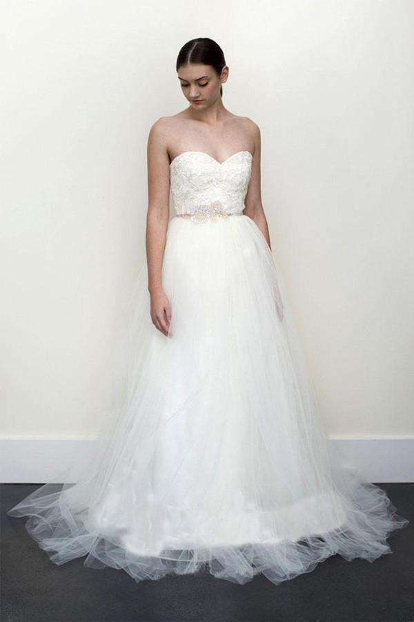 Sexy Top A-line White Lace Grey Tulle Strapless Sweetheart Neck Wedding Dress