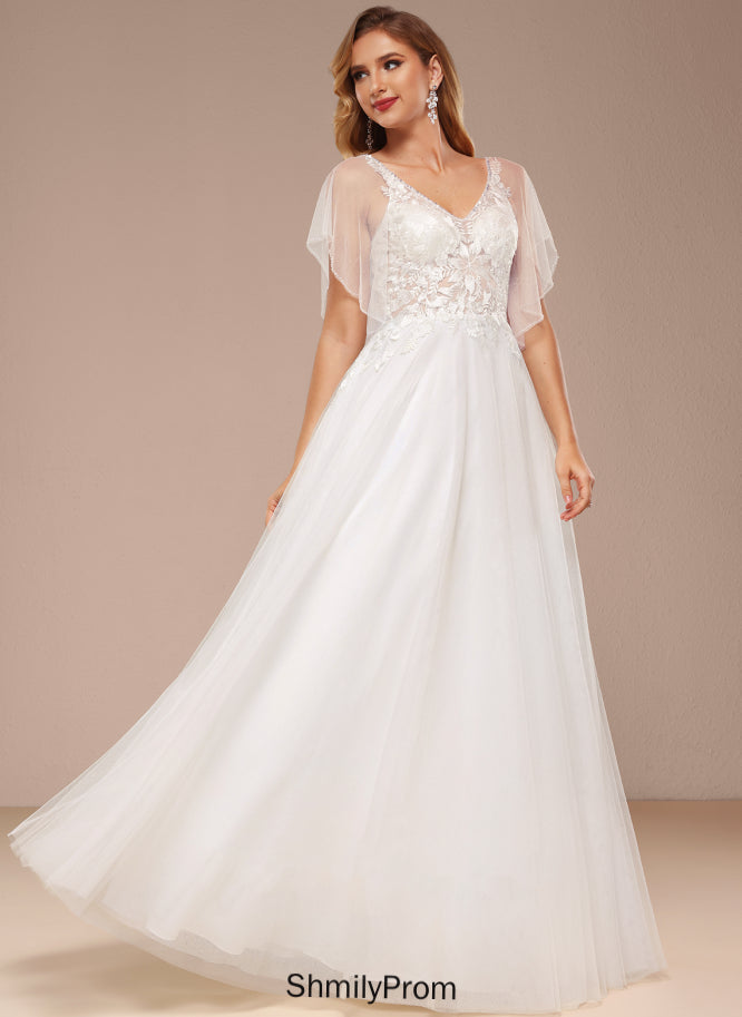 Justice A-Line Ruffle Lace Floor-Length Sequins Tulle Wedding Dresses Dress V-neck Wedding With