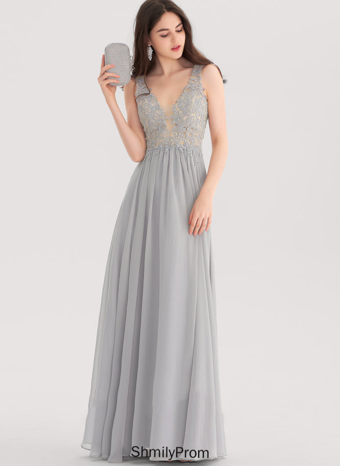 With Rhinestone Chiffon A-Line Floor-Length Lace Prom Dresses V-neck Braelyn