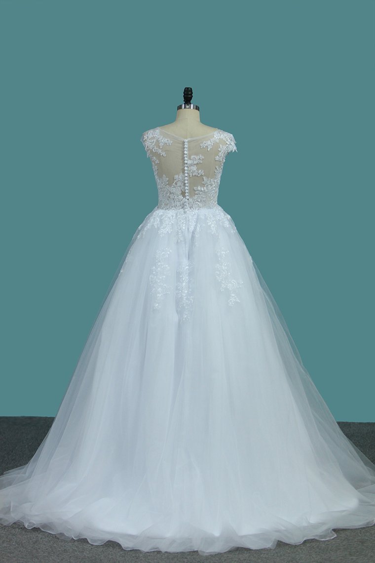 2024 Tulle A Line Scoop Wedding Dresses With Applique