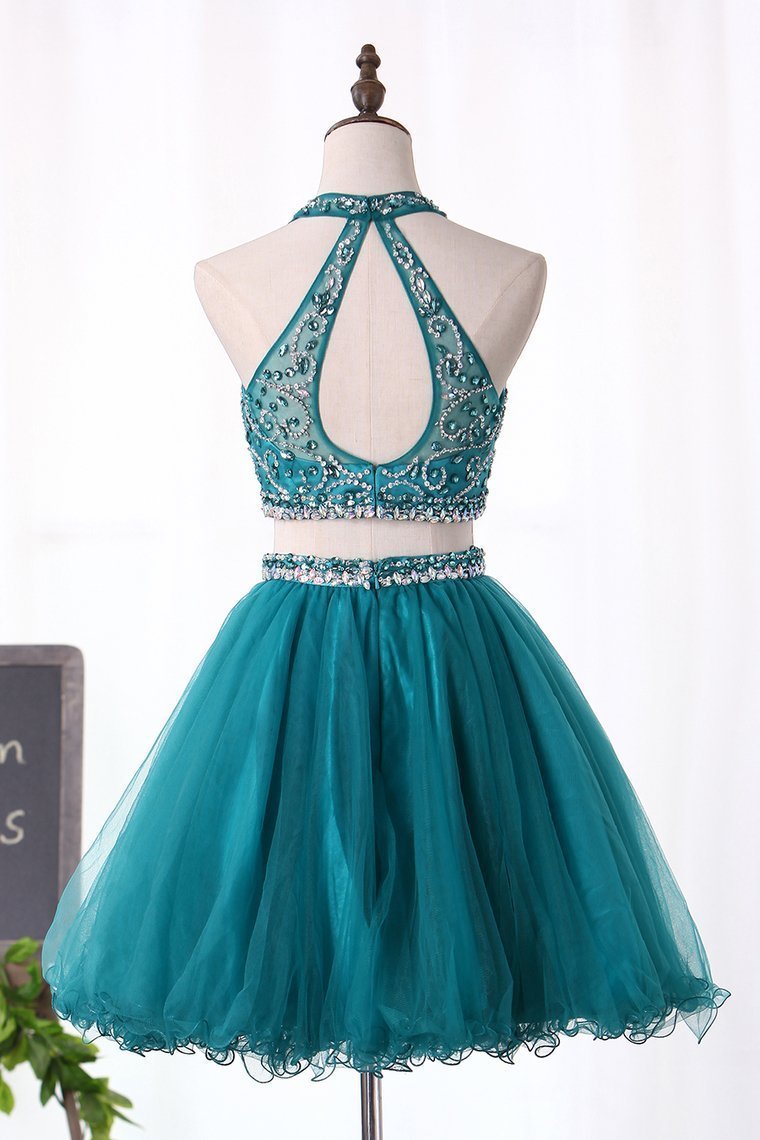 Halter Homecoming Dresses Two-Piece Beaded Bodice Tulle