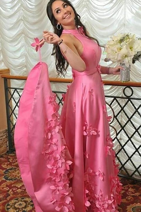 A-line Halter Light Plum Prom Dresses With Handmade Flowers, Open Back Evening Dresses STC15050