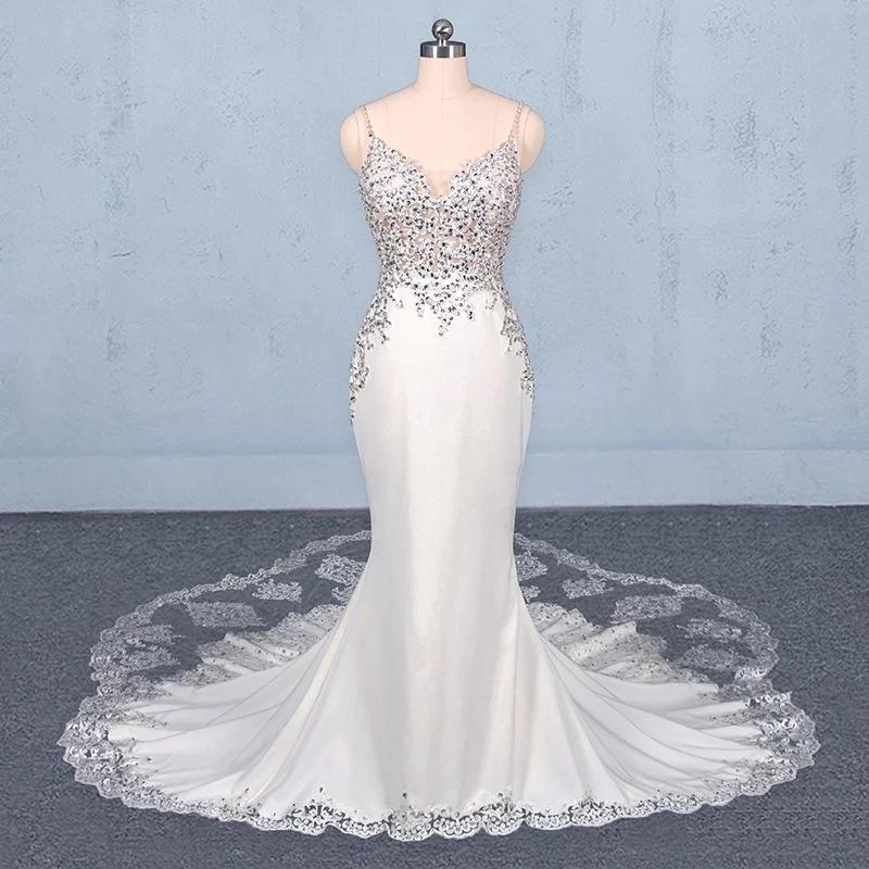 Spaghetti Straps Mermaid Wedding Dress with Lace, V-neck Wedding Dresses STC15418