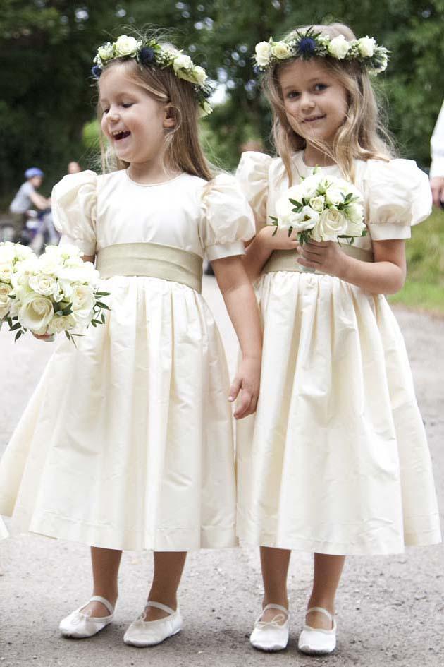 Vintage Juliet Sleeves Tea Length Round Neck Satin Flower Girl Dresses, Little Dresses STC15606