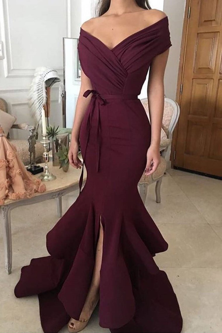 2024 Off The Shoulder Evening Dresses Mermaid Satin With Sash And Slit Sweep