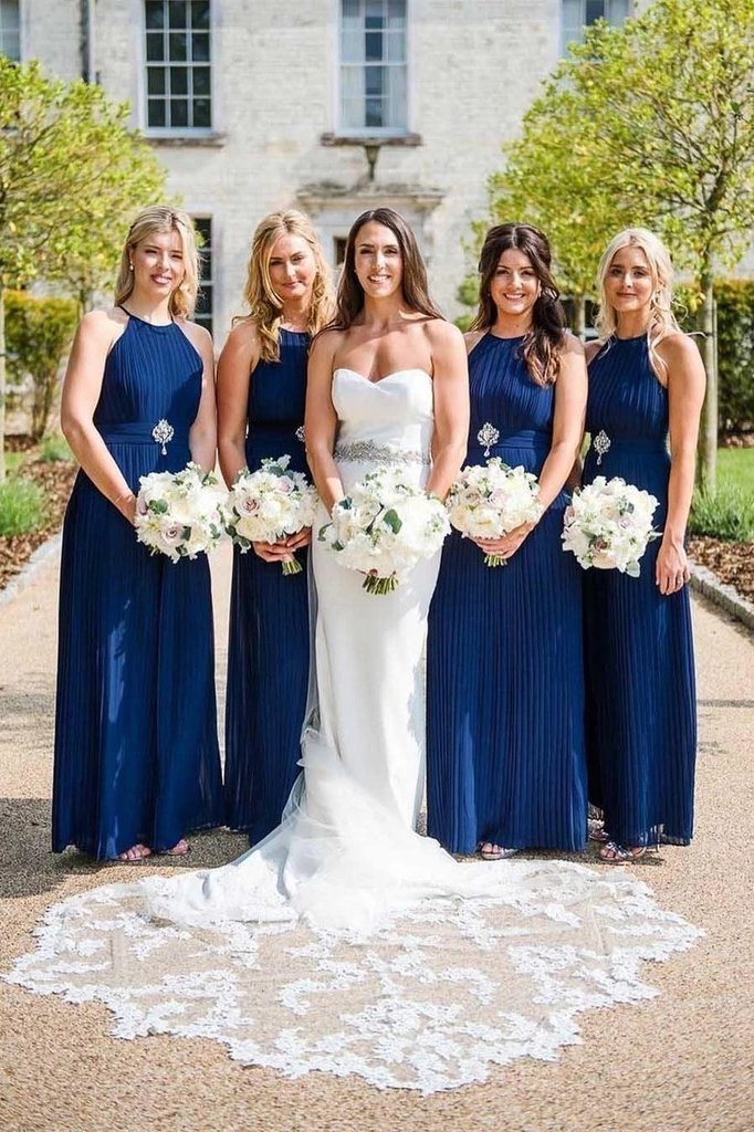 Charming Halter Neck Blue Pleated Long Bridesmaid Dresses, Wedding Party Dresses STC15099