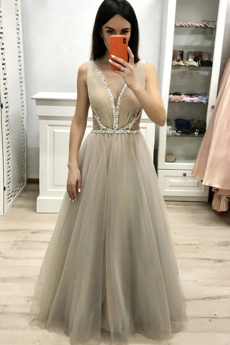 Deep V Neck Sleeveless Floor Length Prom Dress With Beading A Line Tulle Long STCPDHY22YC